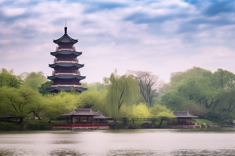 坐落在美丽的湖边的古建筑楼塔,高清,摄影图,摄影图片,图片大全,摄影图免费下载